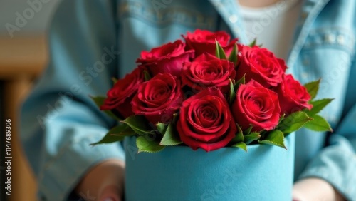 Celebration of love with a stunning bouquet of red roses presented in a blue container indoors