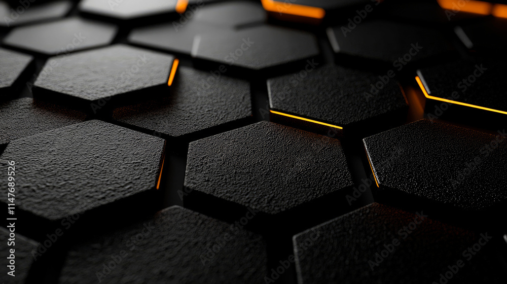 Obraz premium Abstract dark hexagon pattern with orange glowing lines.