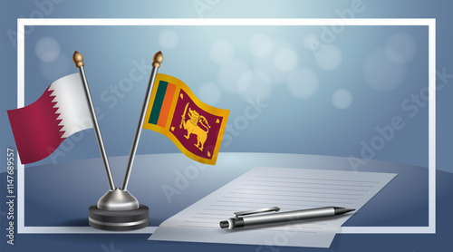 Qatar and Sri Lanka National flags on small table with bokeh background, cooperative relationship