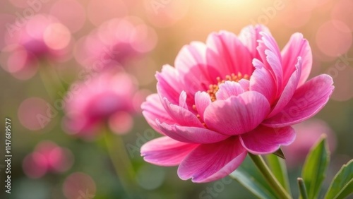 Beautiful pink flower blooming in a sunny garden during springtime with soft bokeh background