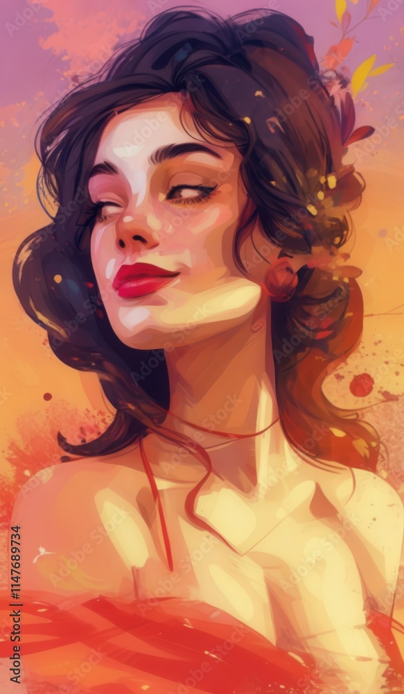 a painting of a woman with a red dress and a flower in her hair