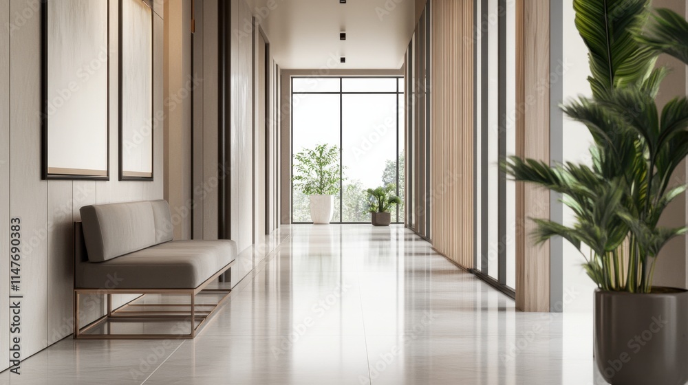 Obraz premium Minimalist modern hallway with clean, elegant design. Featuring neutral tones and sleek lines