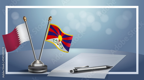 Qatar and Tibet National flags on small table with bokeh background, cooperative relationship