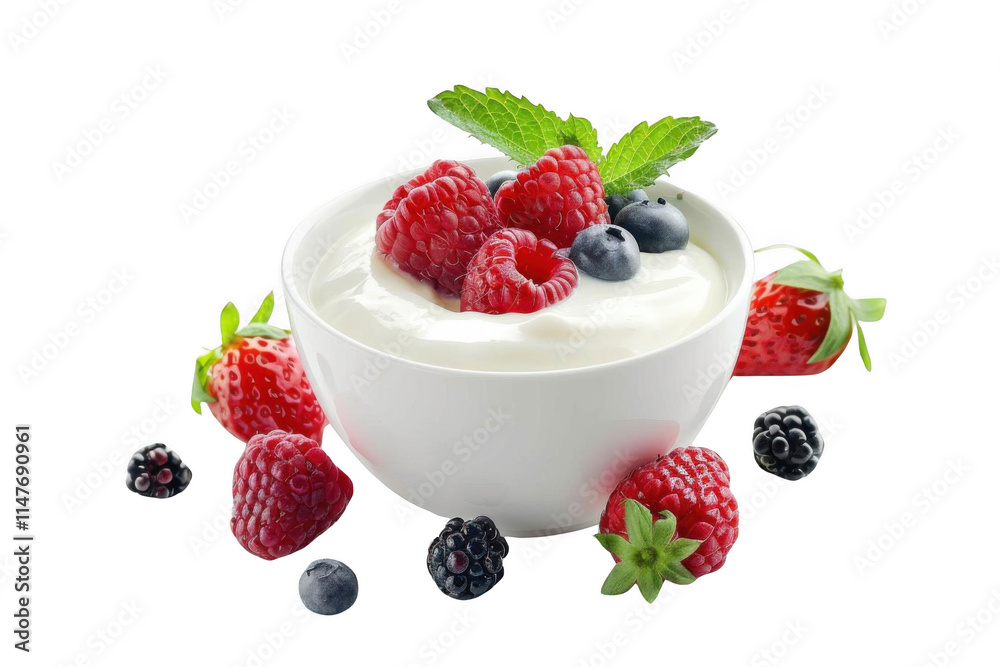 Yogurt Topped with Fresh Berries and Mint Sprig, Healthy Breakfast or Snack Idea Yogurt Topped with Fresh Berries and Mint Sprig, Healthy Breakfast or Snack Idea