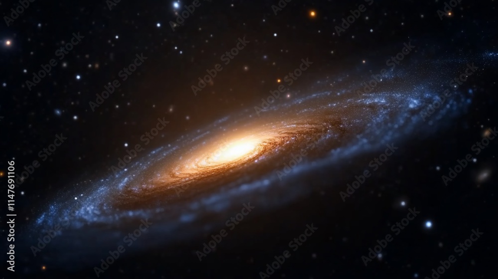 Fototapeta premium Spiral galaxy with bright core in vast dark space.