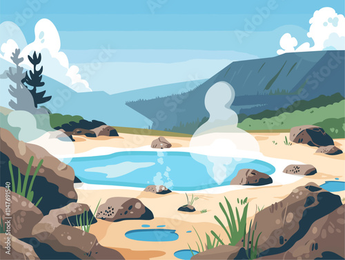 Hot Springs: Natural Springs Heated by Geothermal Activity, in the Style of Animated Illustrations