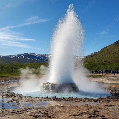Erupting geyser, steamy