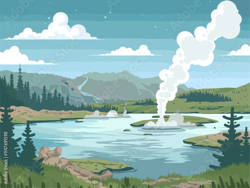 Animated Geyser Eruptions: Vibrant Hot Spring Landscapes with Water and Steam Explosions