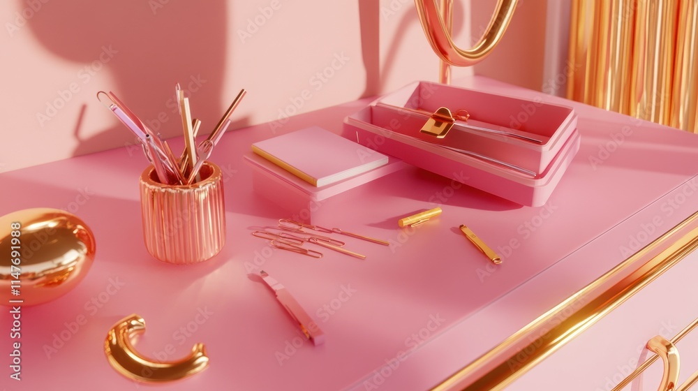 Pink desk with gold accents, stationery, and accessories. Pink desk with gold accents, stationery, and accessories.