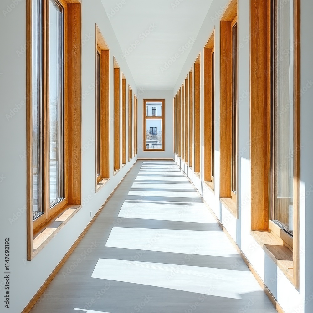 Fototapeta premium Bright modern hallway with wooden frames and abundant natural light creating a serene atmosphere.