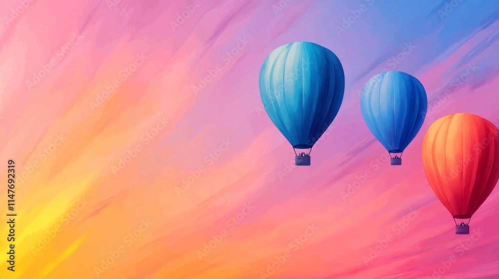 Obraz premium Colorful hot air balloons float against a vibrant sunset sky, creating a serene and uplifting atmosphere.