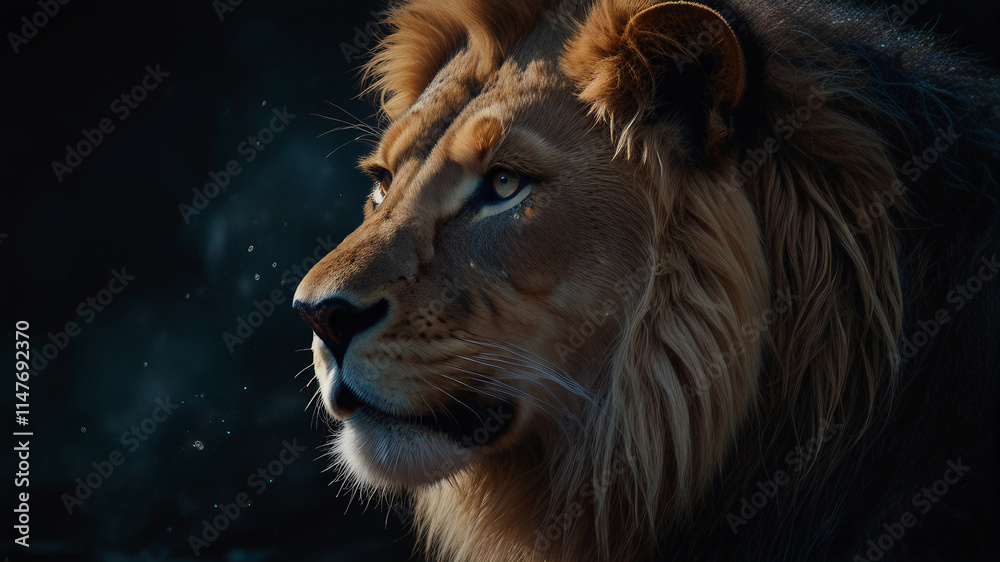 Naklejka premium Lion with deep black fur, illuminated by soft cinematic lighting. The dark background enhances the lion’s powerful silhouette, making it a bold and mysterious focal point.