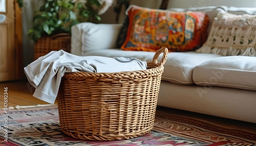 Laundry day bliss blank t shirt mockup in a cozy living room with a wicker basket modern home environment relaxed perspective photo