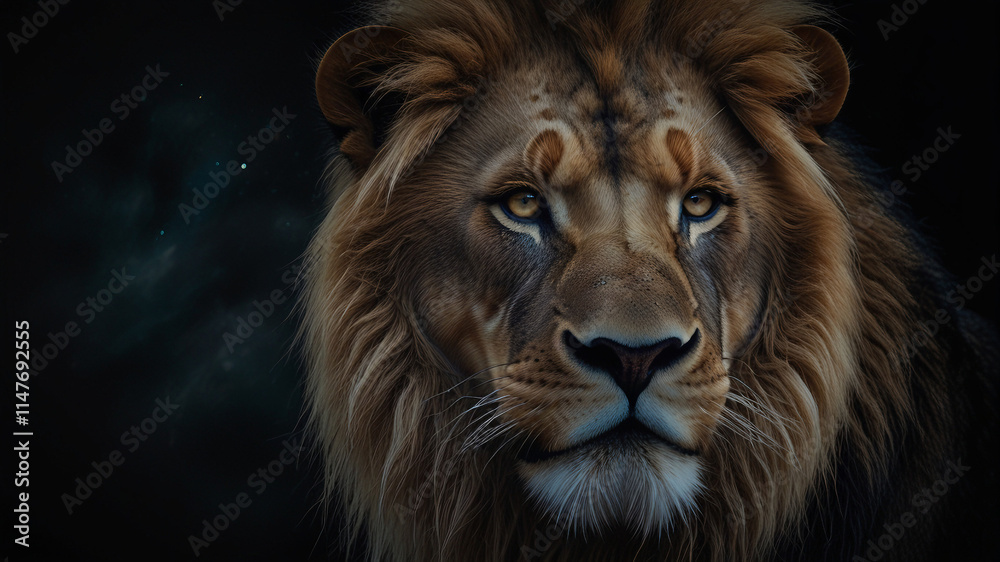 Fototapeta premium Striking black lion against a pure dark background. The dramatic contrast and intricate fur details create a mesmerizing fantasy image, evoking a sense of majesty, mystery, and raw power.