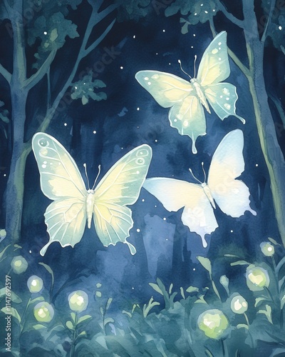Wallpaper Mural Ethereal butterflies flutter in a dreamy, moonlit forest, surrounded by glowing plants, creating a magical and serene atmosphere. Torontodigital.ca