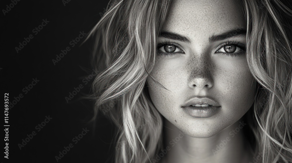 Naklejka premium Freckled woman's face, blonde wavy hair, monochrome.