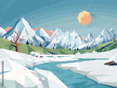 Frozen Earth's Geometric Symphony: A Polygonal Masterpiece in Flat, Animated Style