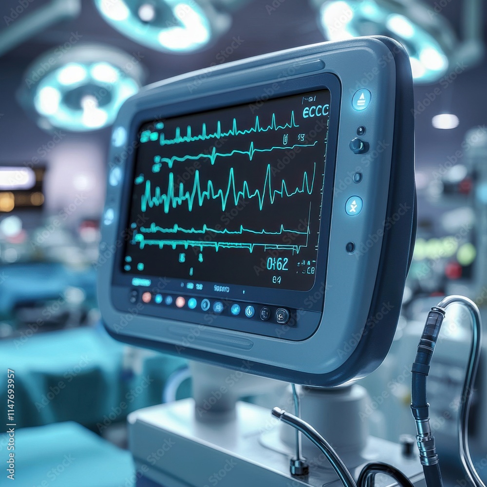 Obraz premium Close-up of a medical monitor displaying vital signs in a clinical setting, with a focus on heart rate data.