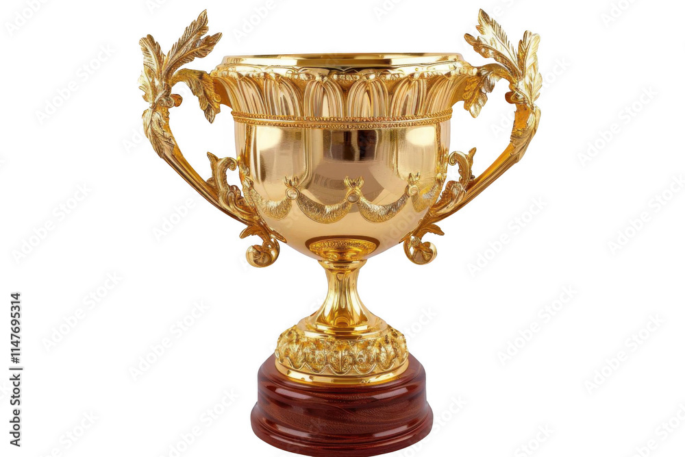 Golden Trophy Stands Tall on Wooden Base, Symbolizing Victory and Achievement Golden Trophy Stands Tall on Wooden Base, Symbolizing Victory and Achievement