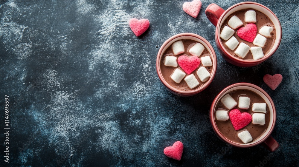 Three cups of hot chocolate with marshmallows and heart-shaped toppings on a rustic background Three cups of hot chocolate with marshmallows and heart-shaped toppings on a rustic background