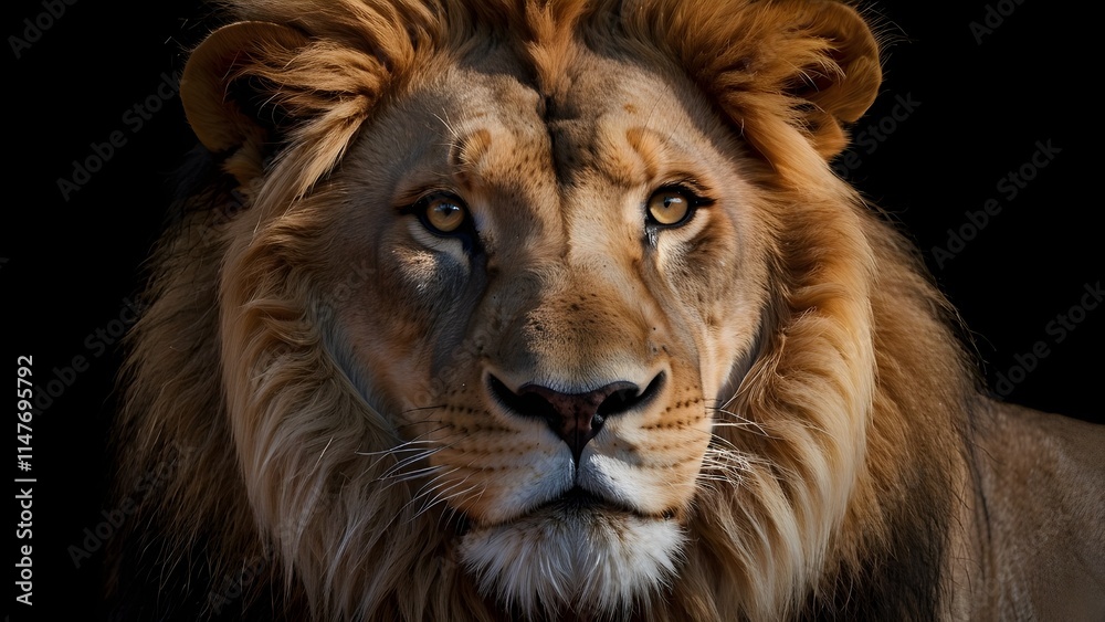 
Front view portrait of a lion on black background, Africa wildlife
