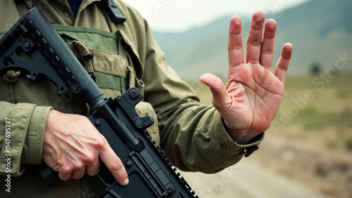 Soldier with a machine gun at a post shows a hand gesture Stop. Checkpoint, inspection.