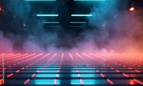 A futuristic scene with neon lights and fog on a grid floor.