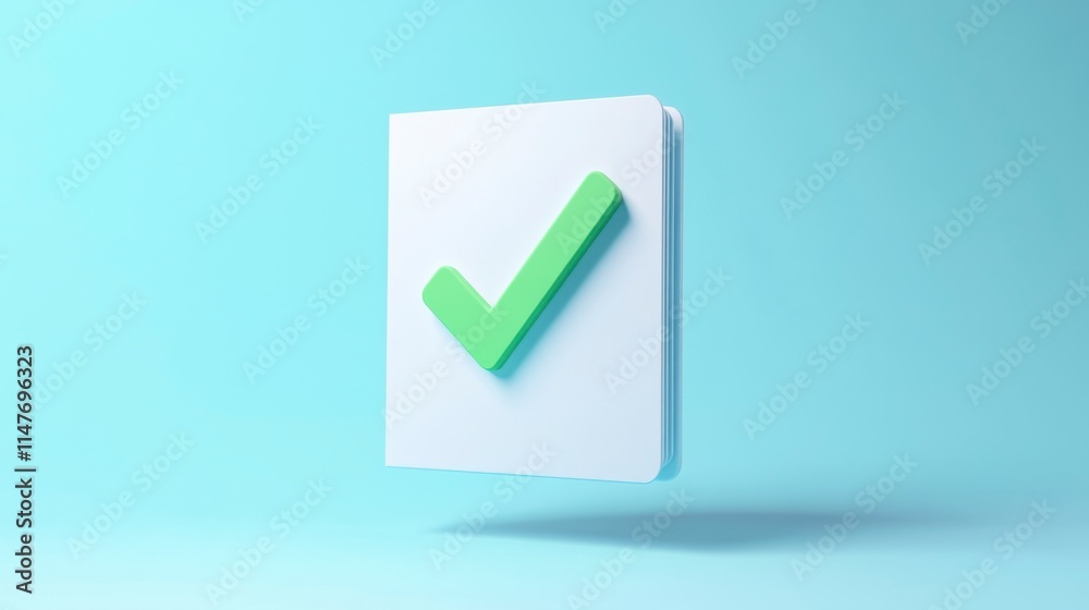 3D Render of a Light Green Checkmark on a White Document Floating Against a Pastel Blue Background 3D Render of a Light Green Checkmark on a White Document Floating Against a Pastel Blue Background