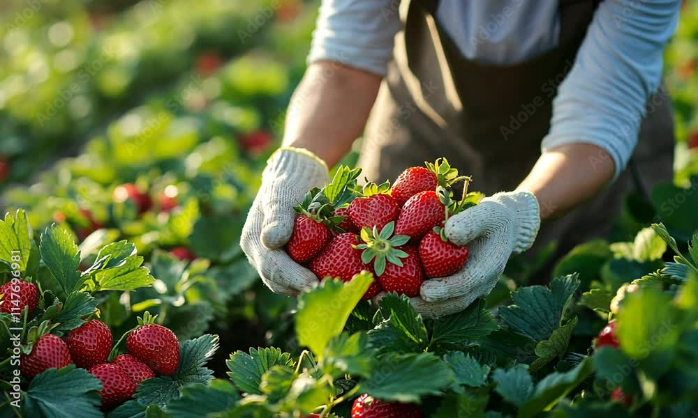 A person harvesting fresh strawberries in a lush field.