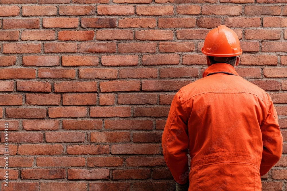 A construction worker in an orange uniform and helmet stands before a textured brick wall, emphasizing the industrial environment. A construction worker in an orange uniform and helmet stands before a textured brick wall, emphasizing the industrial environment.