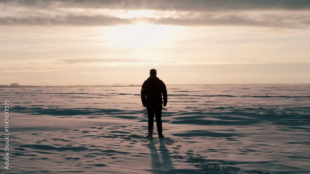 A happy person stands on the shore of a frozen lake in winter and watches the sunset, inspired by adventure, success, nature, beauty, achievements and freedom. A happy person stands on the shore of a frozen lake in winter and watches the sunset, inspired by adventure, success, nature, beauty, achievements and freedom.