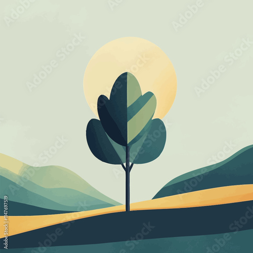 Flat Vector Illustration of a Lone Tree on White Background