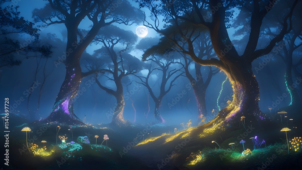 Mystical forest with glowing plants A magical forest bathed in moonlight, where bioluminescent plants and trees emit soft, glowing hues, with mist swirling at ground level Mystical forest with glowing plants A magical forest bathed in moonlight, where bioluminescent plants and trees emit soft, glowing hues, with mist swirling at ground level