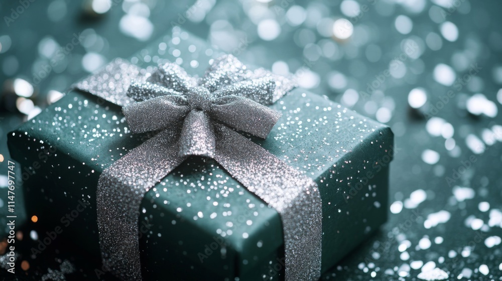 A Sparkling Teal Gift Box With Silver Bow