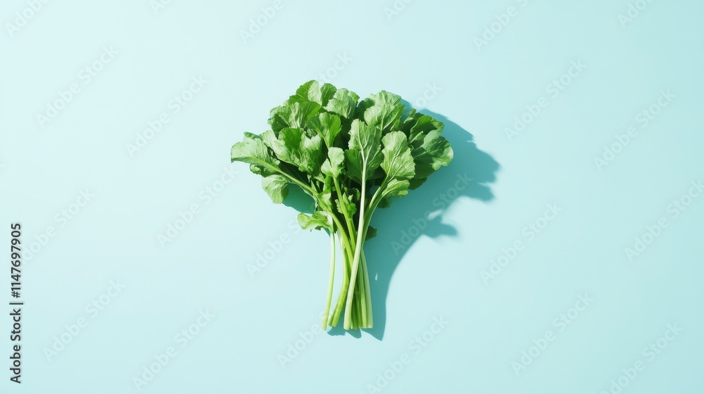Fresh Turnip Greens on Light Blue Background, Minimalist Food Photography Fresh Turnip Greens on Light Blue Background, Minimalist Food Photography