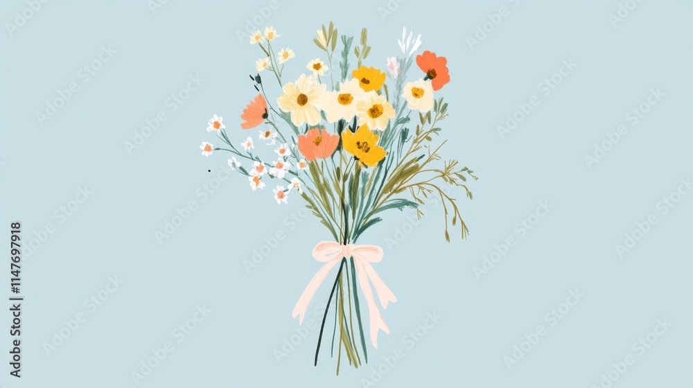 Naklejka premium Pastel Wildflower Bouquet Tied with Pink Ribbon on Light Blue Background