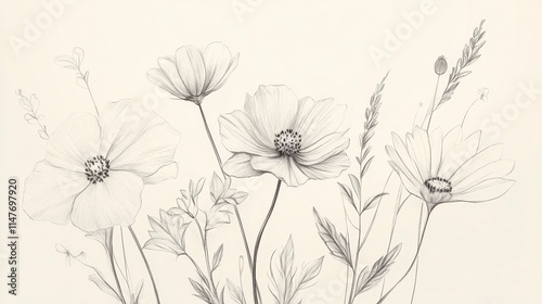 Delicate Pencil Sketch of Cosmos Flowers and Grasses, Botanical Art Print, Elegant Floral Design, Whimsical Nature Illustration