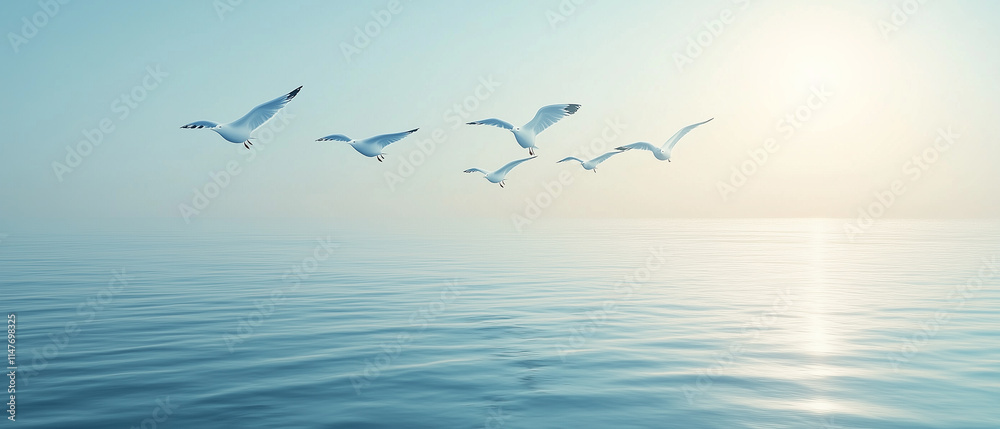 Fototapeta premium Serenity Seagulls in Flight Over Calm Ocean.