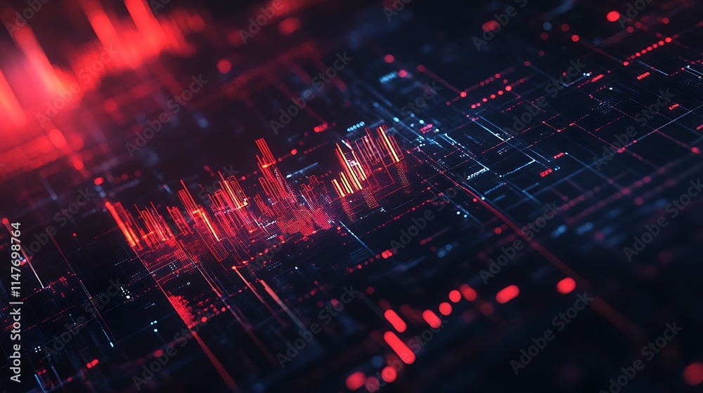 Abstract digital art depicting a futuristic cityscape with glowing red blue neon lights. Abstract digital art depicting a futuristic cityscape with glowing red blue neon lights.