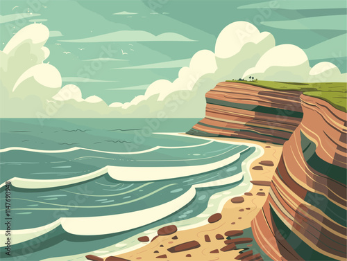 Animated Coastal Terraces: A Flat Style Landscape with Wave-Cut Platforms and Marine Terraces