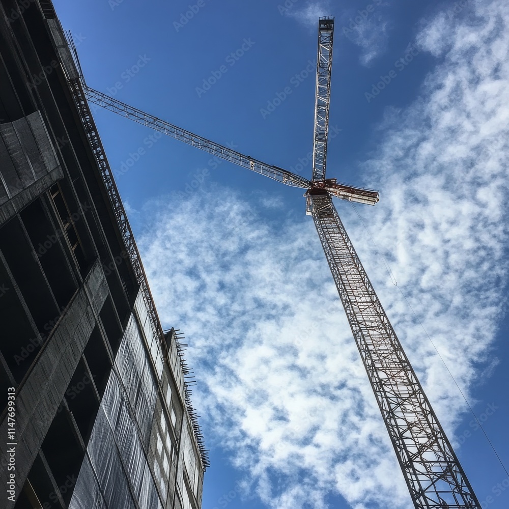 Naklejka premium Crane and unfinished building under blue sky