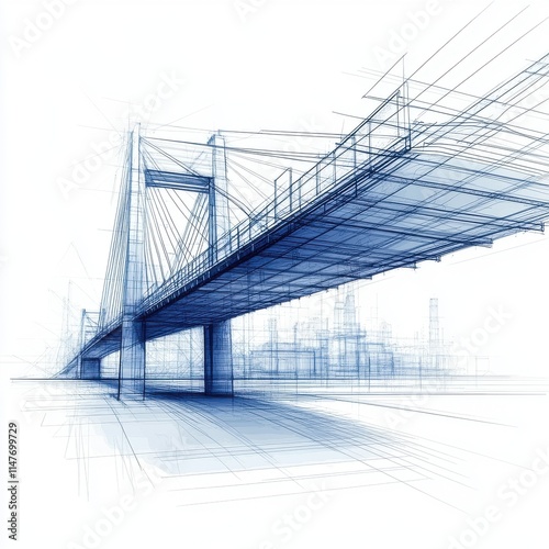 A sleek, blue architectural sketch of a modern cable-stayed bridge, showcasing intricate lines and details.