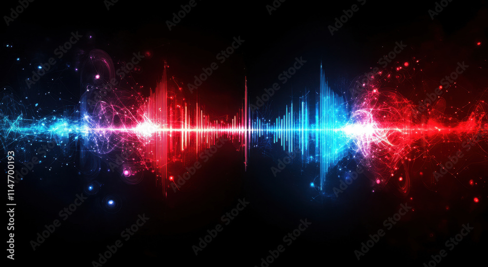 Colorful sound waves in red and blue radiate from the center, creating a striking visual effect. The background is dark, enhancing the vibrancy of the waveforms and sparkles. Colorful sound waves in red and blue radiate from the center, creating a striking visual effect. The background is dark, enhancing the vibrancy of the waveforms and sparkles.