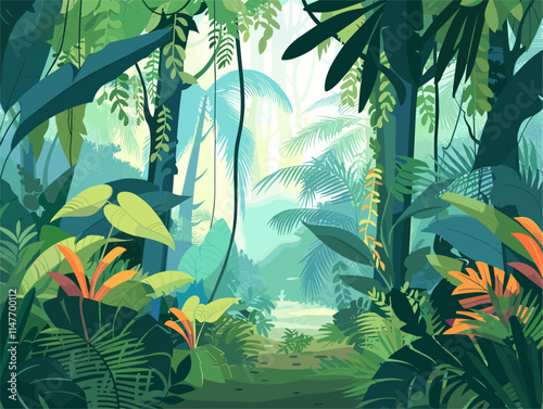 Flat Style Rainforest Landscape: A Vibrant Tropical Paradise with Towering Trees, Intertwined Vines, and an Abundance of Life
