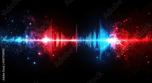 Colorful sound waves in red and blue radiate from the center, creating a striking visual effect. The background is dark, enhancing the vibrancy of the waveforms and sparkles.