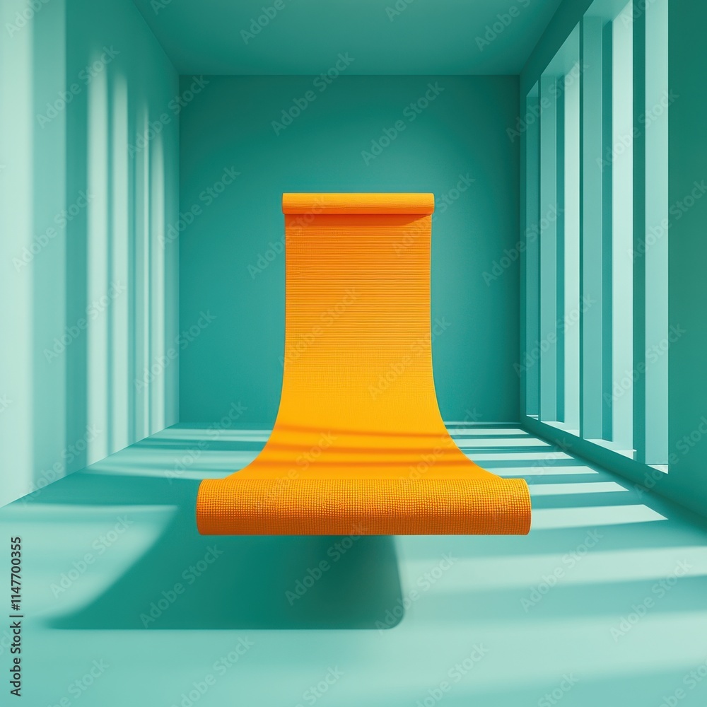 Obraz premium A vibrant orange yoga mat laid out in a serene teal space, illuminated by soft shadows and light patterns.