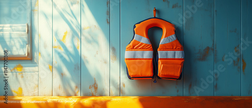 Orange Life Vest Hanging on Rustic Blue Wood Wall.