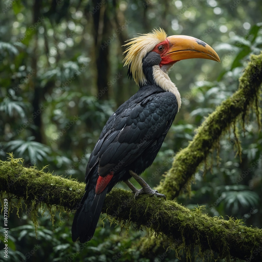 A hornbill perched on a mossy branch in a tropical rainforest. A hornbill perched on a mossy branch in a tropical rainforest.