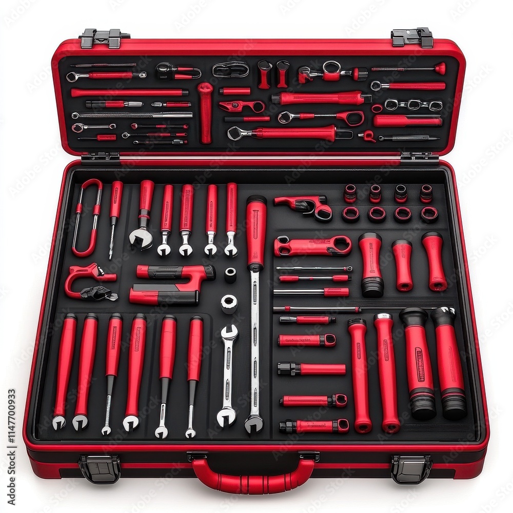 A comprehensive set of tools arranged neatly in a red toolbox, showcasing a variety of hand tools and accessories. A comprehensive set of tools arranged neatly in a red toolbox, showcasing a variety of hand tools and accessories.