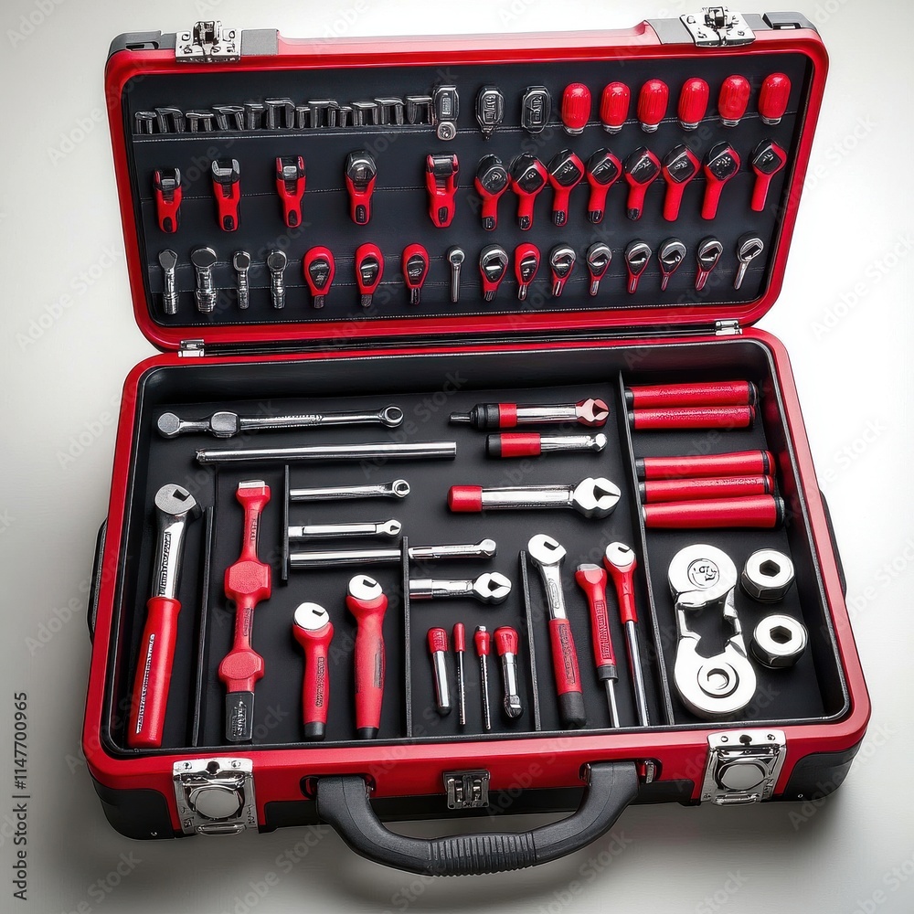 A neatly organized toolset featuring a variety of red and silver hand tools in a sleek black case. A neatly organized toolset featuring a variety of red and silver hand tools in a sleek black case.